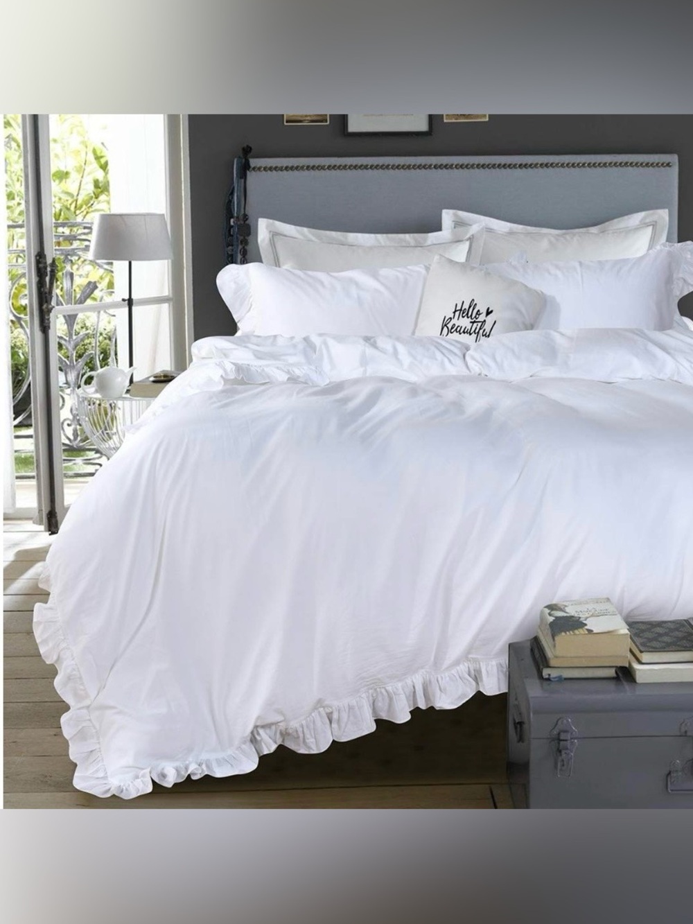 QUEEN SIZE Farmhouse Ruffle DUVET SET 100% WASHED COTTON - WHITE
